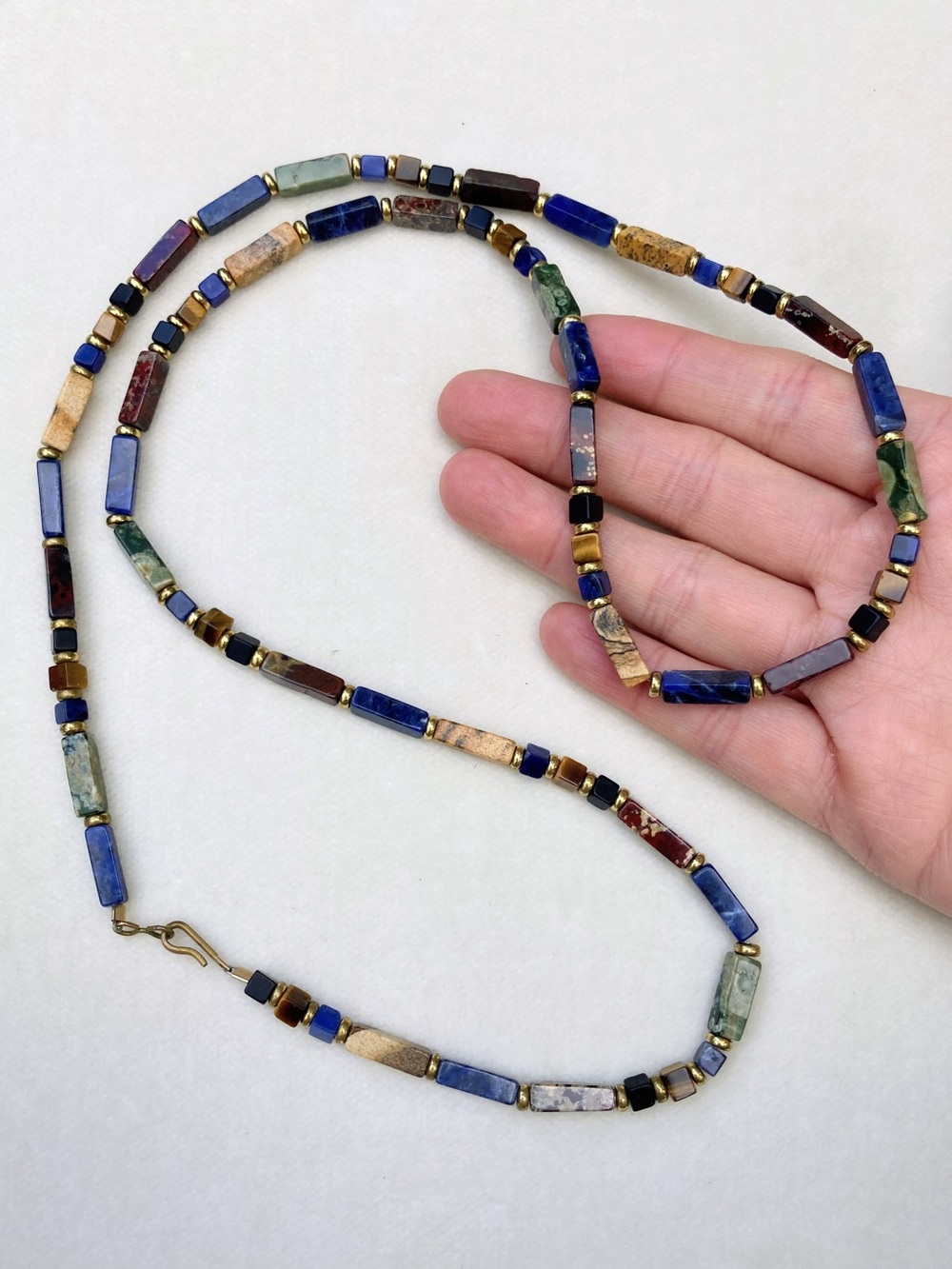 Vintage Lapis Tigers Eye Jasper Semi-Precious Square Tube Colorful Bead Necklace